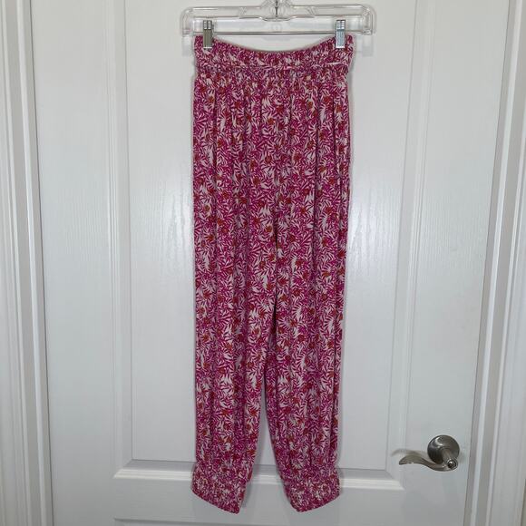 Anthropologie Abstract Floral Smocked Jogger Pants Belt Tie Pink White XS - Picture 8 of 8